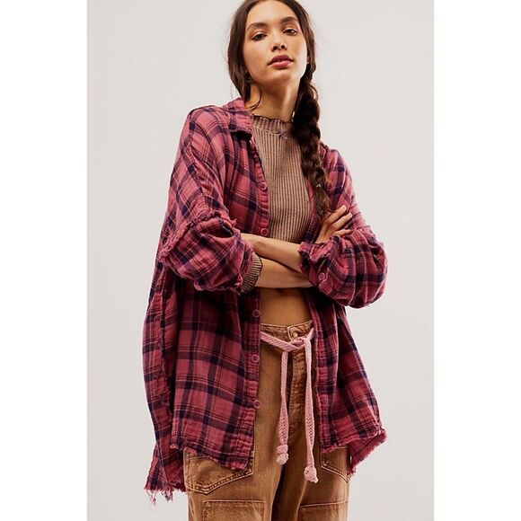 Free People CP Shades Ragged Marella Plaid Top Size XS